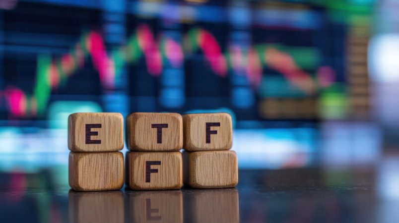 Cubes en bois épelant le mot ETF devant un écran affichant des graphiques boursiers pour illustrer l'exposition multi-actifs via les ETF